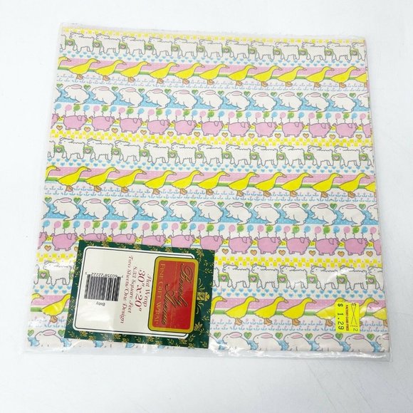 Vintage Wrapping Gift Paper Beverly Avenue Pastel Colors Duck Bunny, Lamb NOS